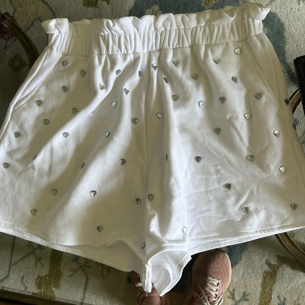 QUEEN OF SPARKLES White High-Waist Embellished Shorts size large